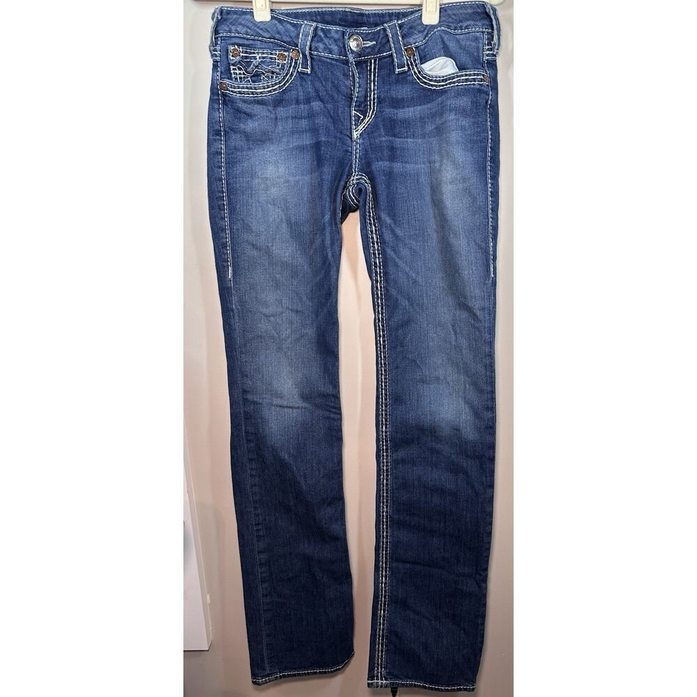 True Religion Women’s Blue Medium Wash Straight Slim Stretch Jeans Mid Rise 29